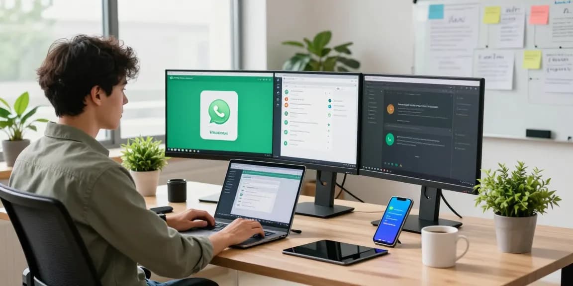 Using WhatsApp電腦版 on a multi-monitor setup in a bright office.