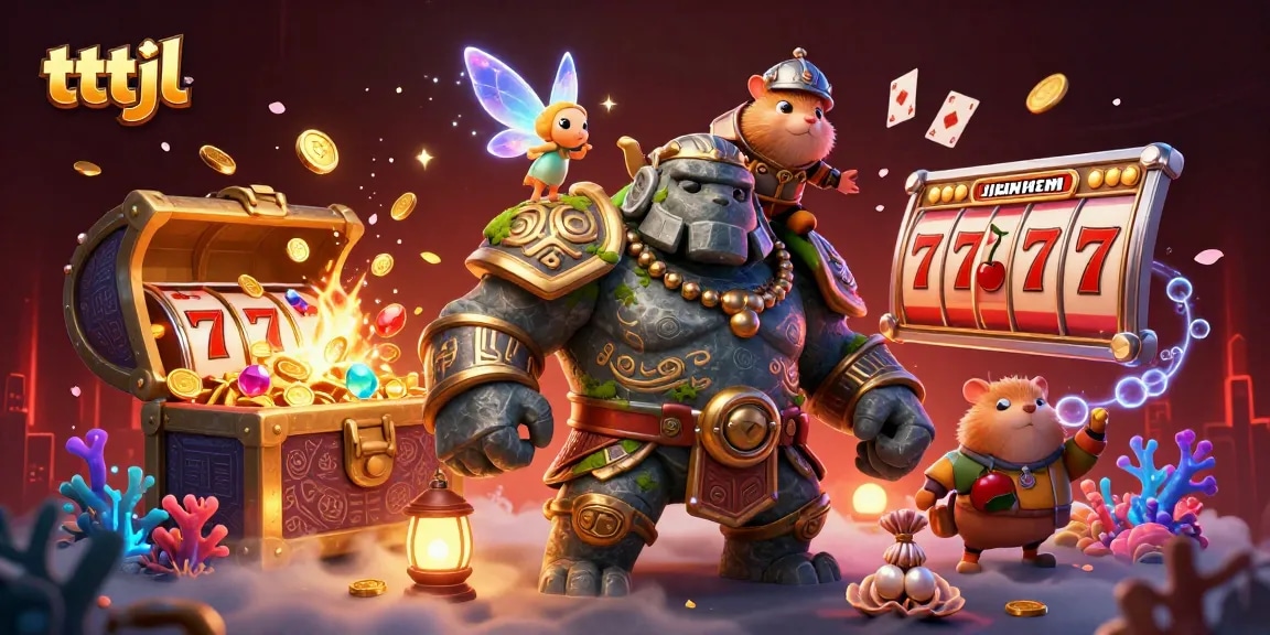Experience thrill with tttjl in this vibrant casino adventure illustration featuring a magical golem and knight.