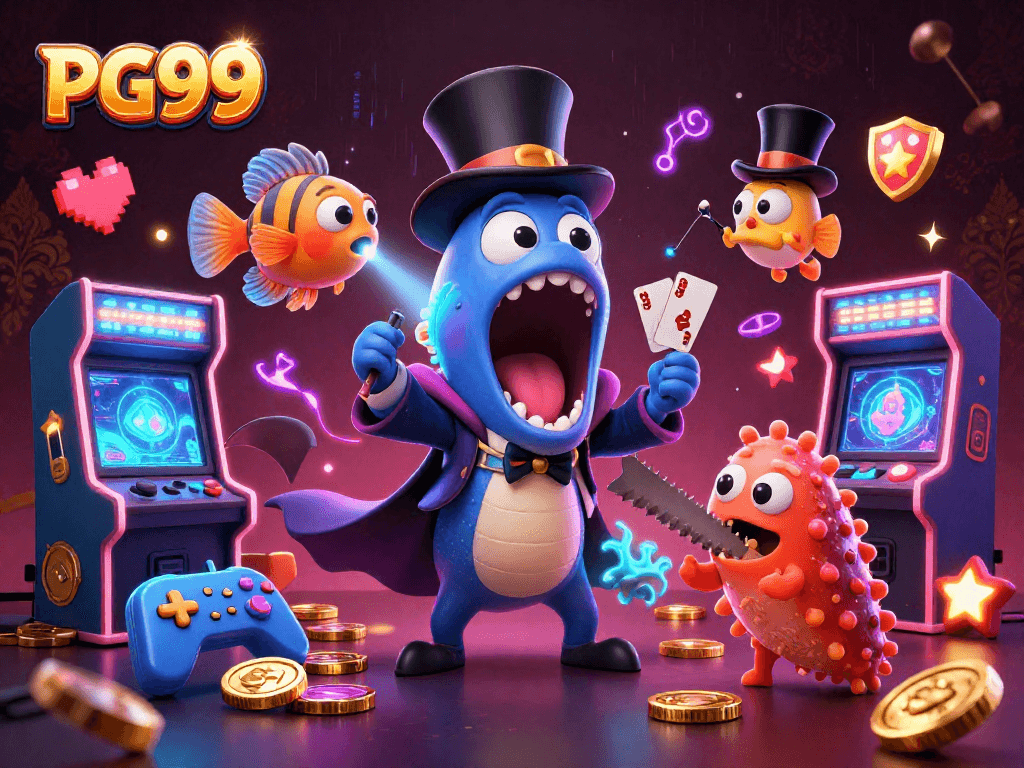 Experience PG99's thrilling magic act with a bioluminescent eel and anglerfish in an exciting casino scene.