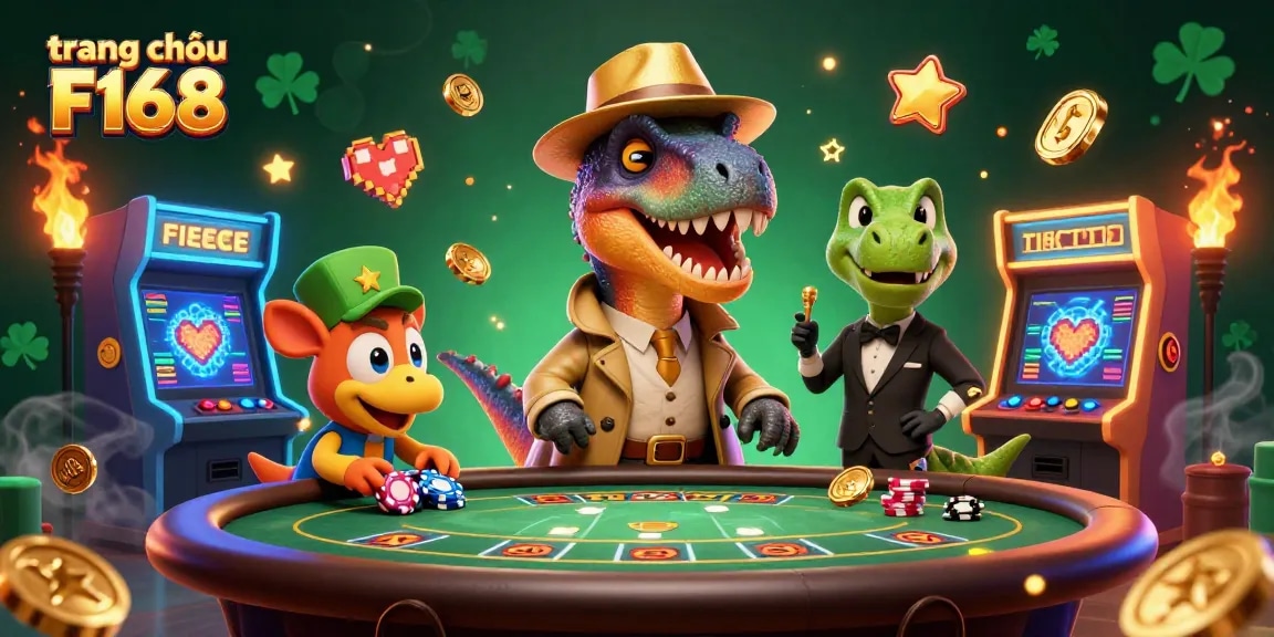 Experience the excitement of trang chủ F168 with a colorful 3D casino illustration featuring animated characters and vibrant game elements.