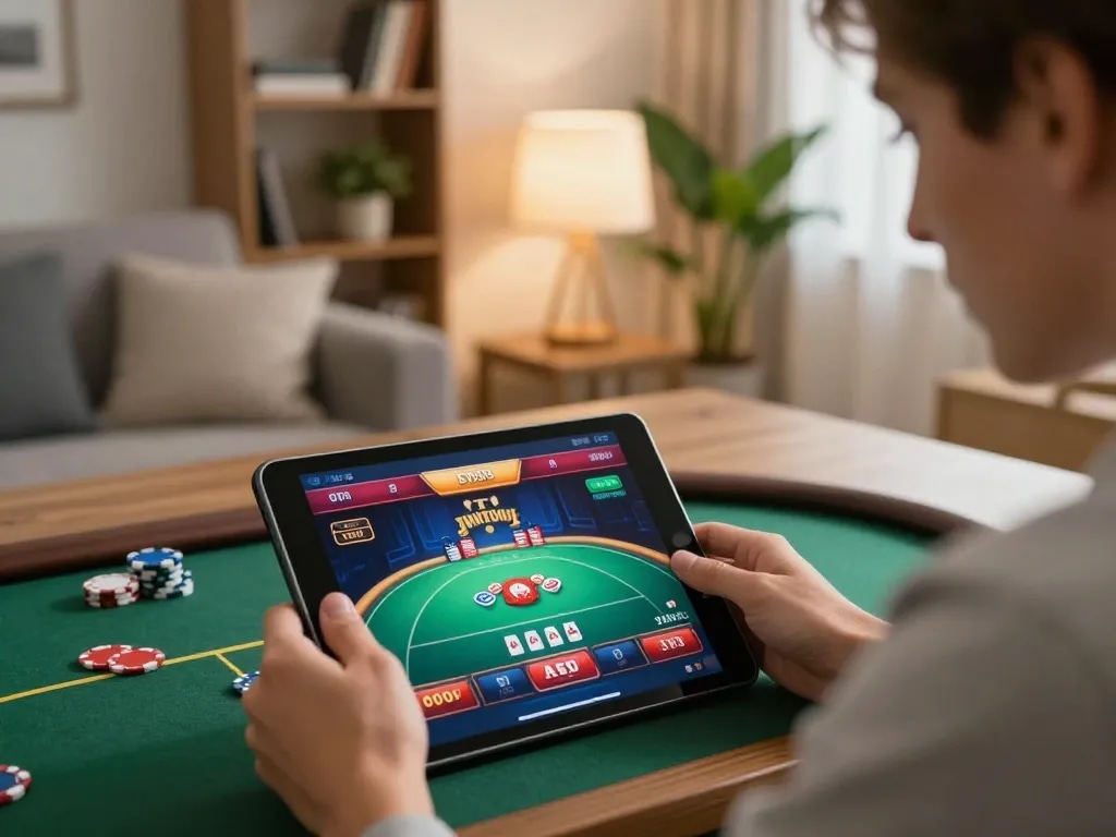Engaging in strategic gameplay at Jun 88's online casino on a tablet, showcasing a vibrant gaming interface