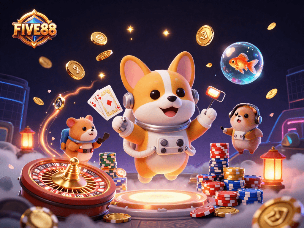 FIVE88 offers players an engaging casino experience with avatars enjoying floating gaming amidst sparkling coins.