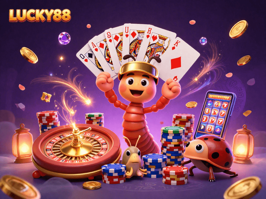 Experience thrilling gameplay with LUCKY88, featuring vibrant characters and exciting casino elements.