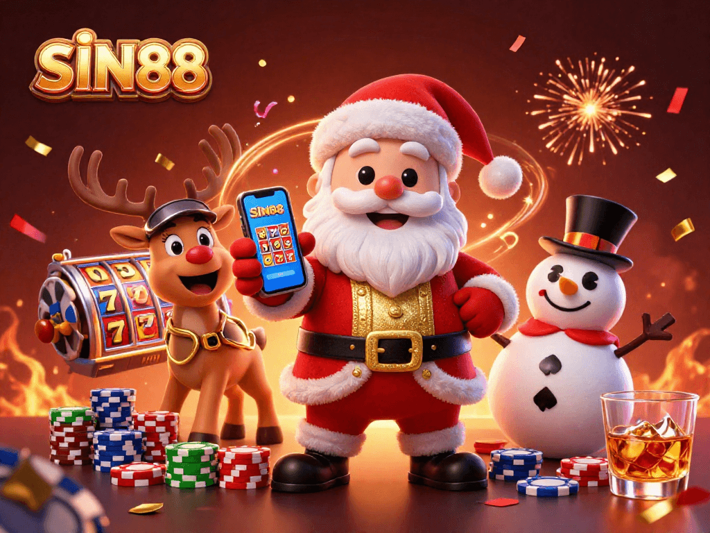 SIN88 brings excitement to life with Santa, his reindeer, and a snowman in a vibrant casino scene.