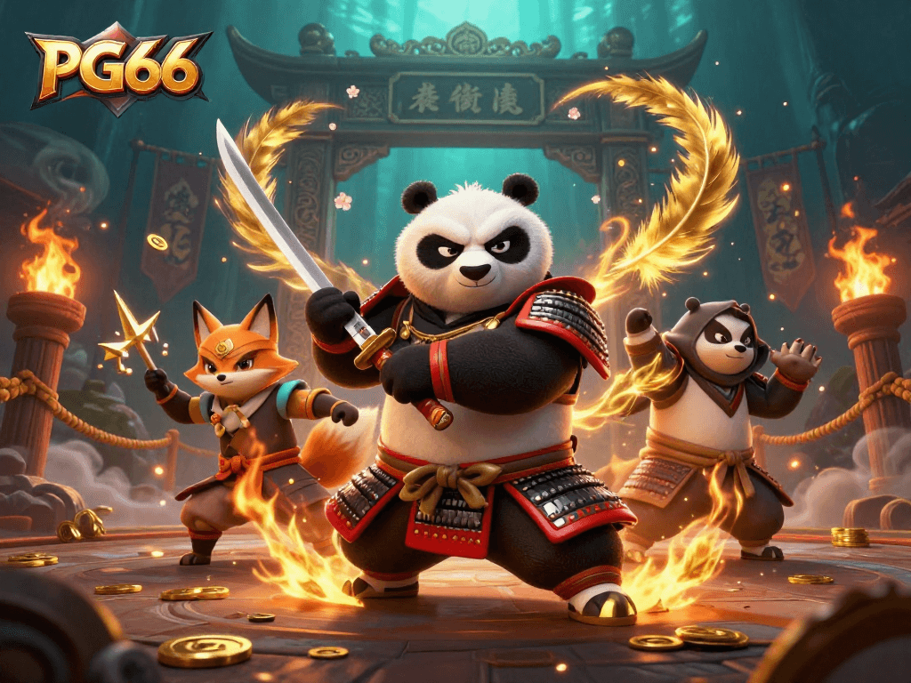 Engage in dynamic gaming at PG66 with samurai panda and ninja fox battling in a thrilling casino scene.