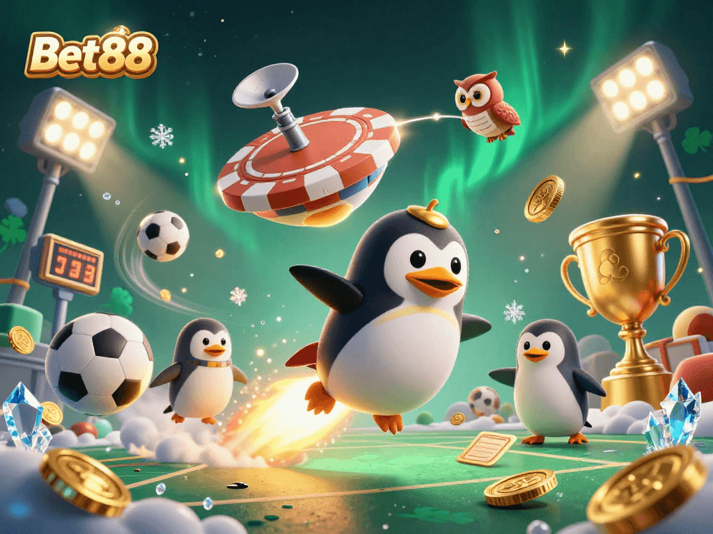 Bet88 players enjoy dynamic winning opportunities with a golden penguin and vibrant casino elements.