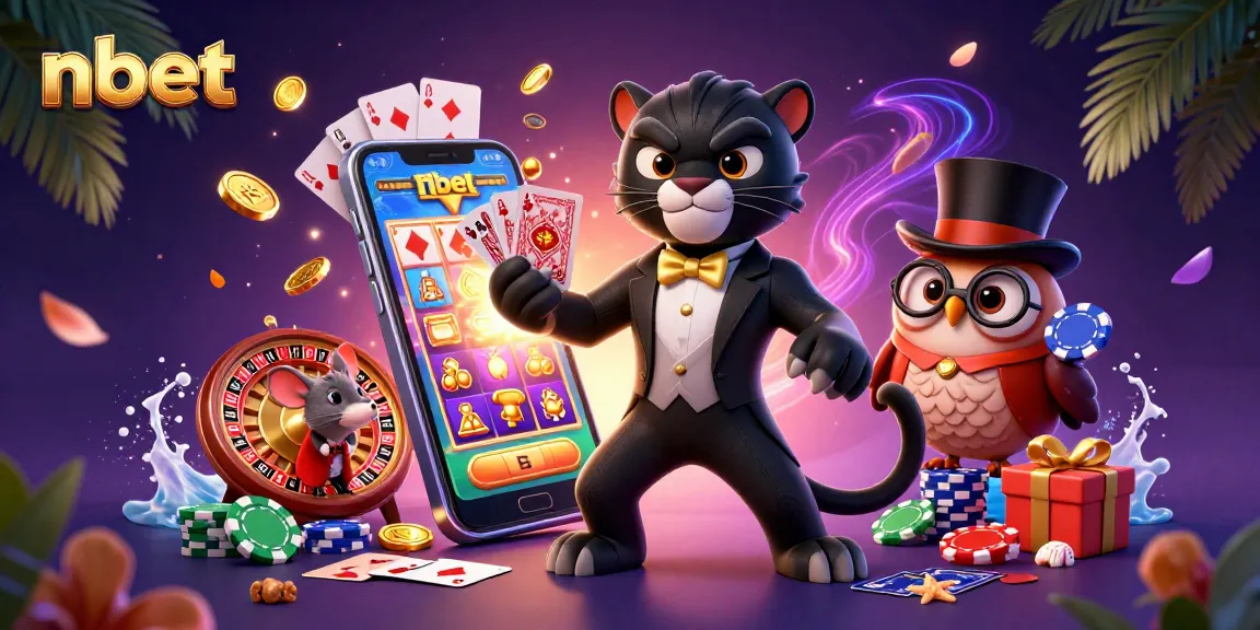 nbet showcases a vibrant casino scene with a panther, owl, and mouse amid playful gaming elements.