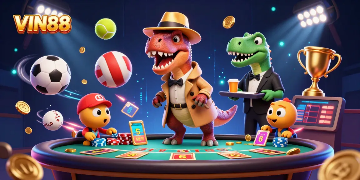 Watch the cartoon velociraptor and friends experience thrilling gambling at VIN88's casino tables.