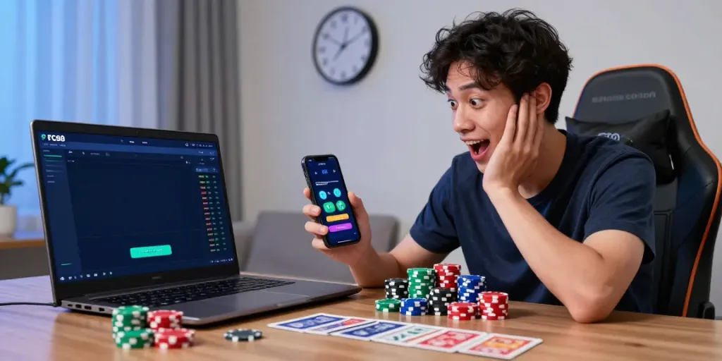 User enjoying online betting on FC88 platform with laptop and mobile device in a modern home setting