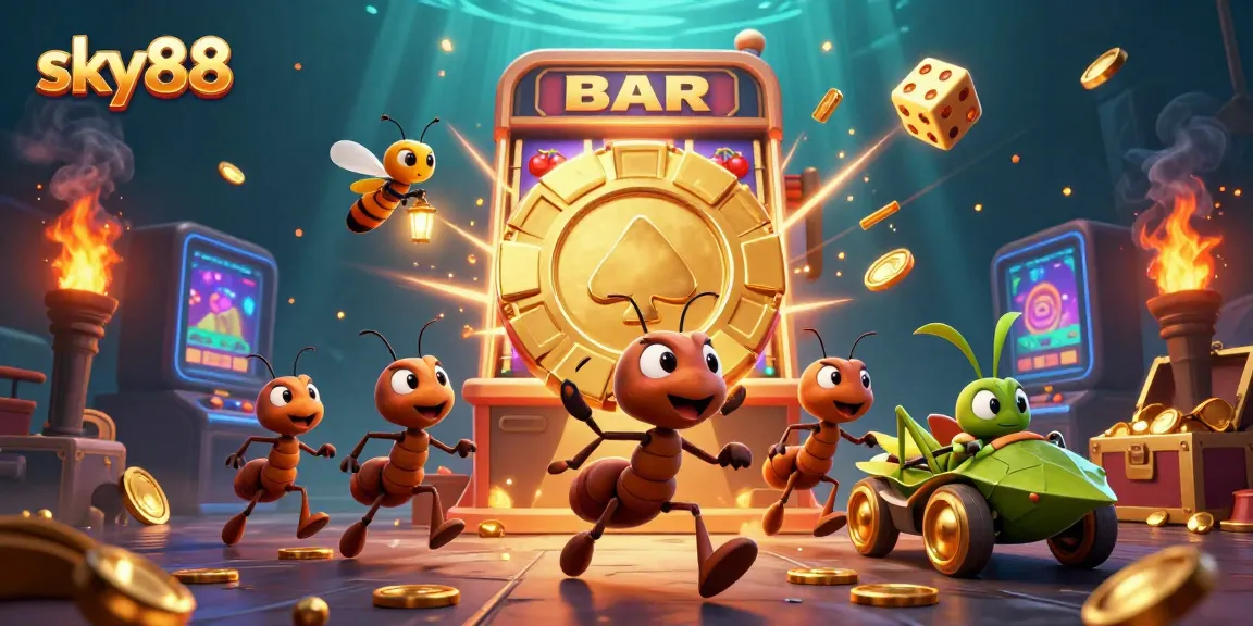 Engage in thrilling quests at sky88, where ants carry poker chips amidst a bustling casino backdrop.