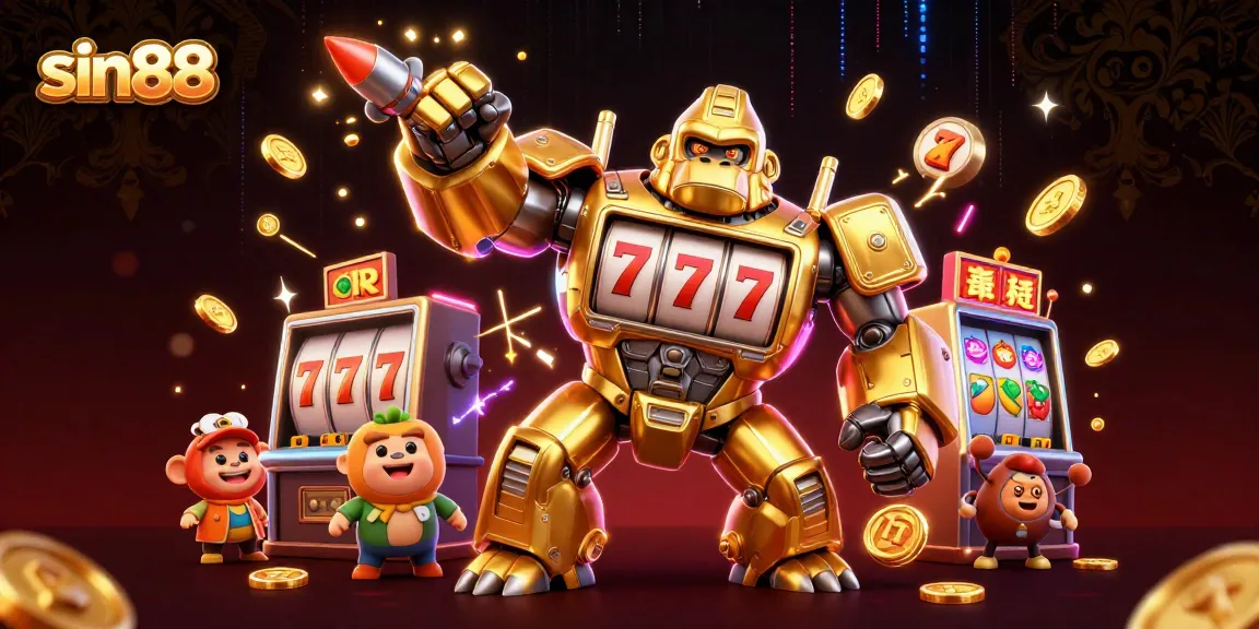 Experience the thrill of sin88 with a golden mech gorilla and vibrant casino elements.