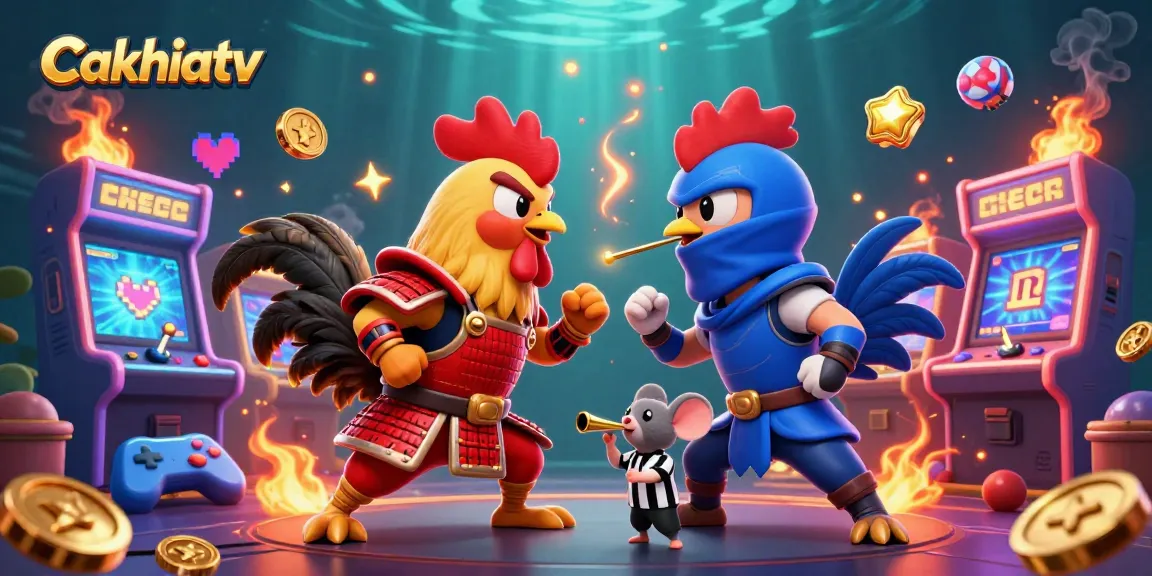 Experience thrilling action at Cakhiatv with dynamic cartoon roosters facing off, showcasing vibrant casino elements.