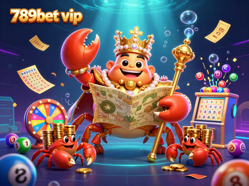 Experience the excitement of 789bet vip with colorful lottery elements and a golden crab emperor in this vibrant casino scene.