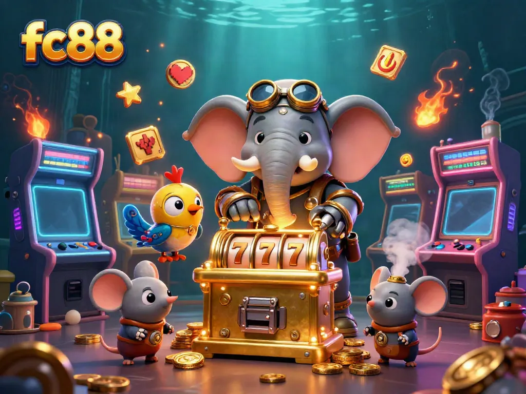 Spin the golden slots at fc88 with a steampunk elephant engineer and colorful game elements.
