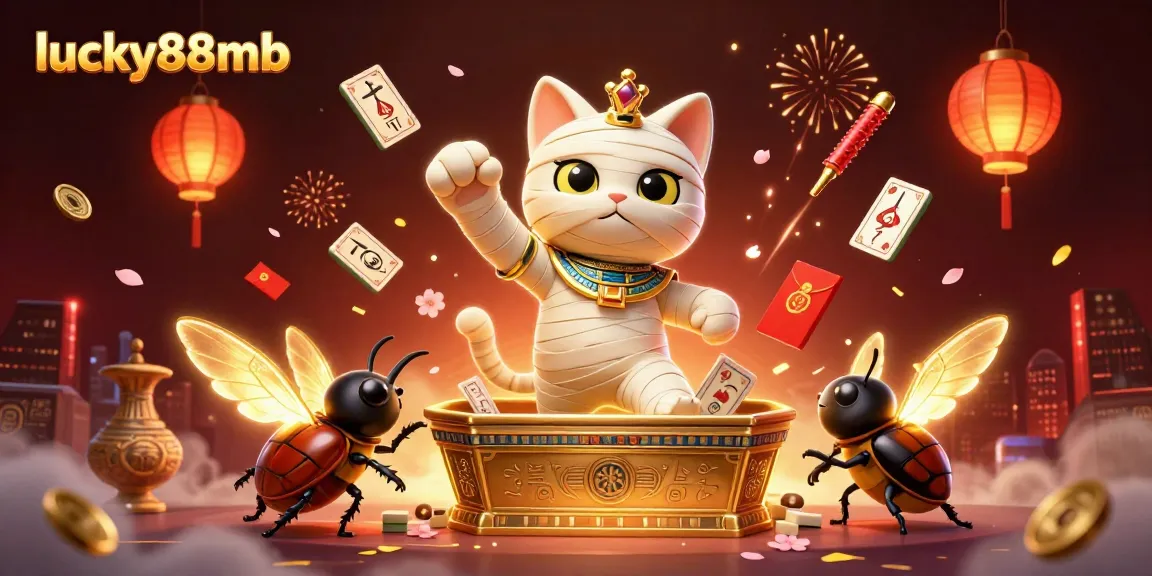 Engage with lucky88mb, featuring a dynamic scene of a cartoon mummy cat in a vibrant casino with golden elements.