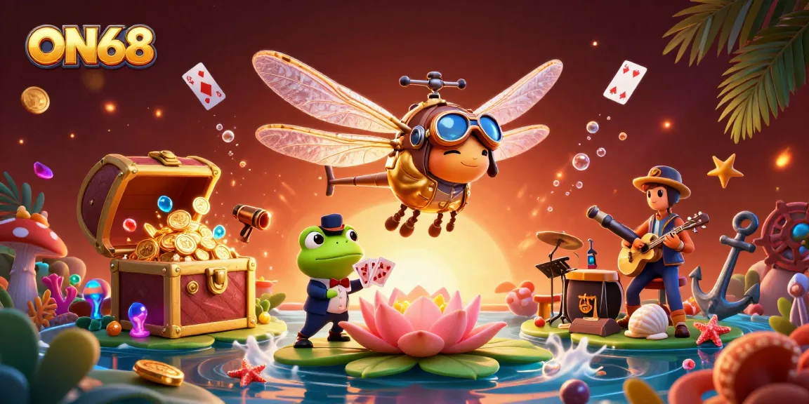 Experience winning at ON68 with vibrant casino action including a dragonfly pilot and a frog croupier.