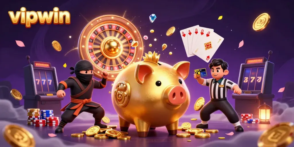 Engage in thrilling gameplay at vipwin with a dynamic 3D illustration of a piggy bank sumo wrestler and vibrant casino elements.
