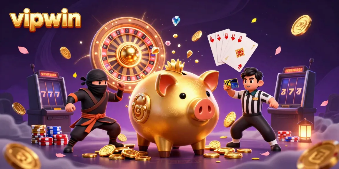 Engage in thrilling gameplay at vipwin with a dynamic 3D illustration of a piggy bank sumo wrestler and vibrant casino elements.