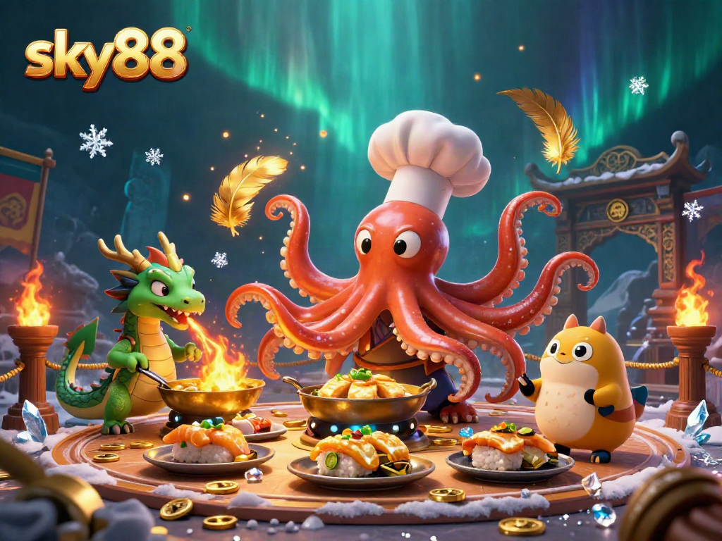 Experience thrilling action at sky88 with vibrant characters preparing golden dishes in a dynamic casino scene.