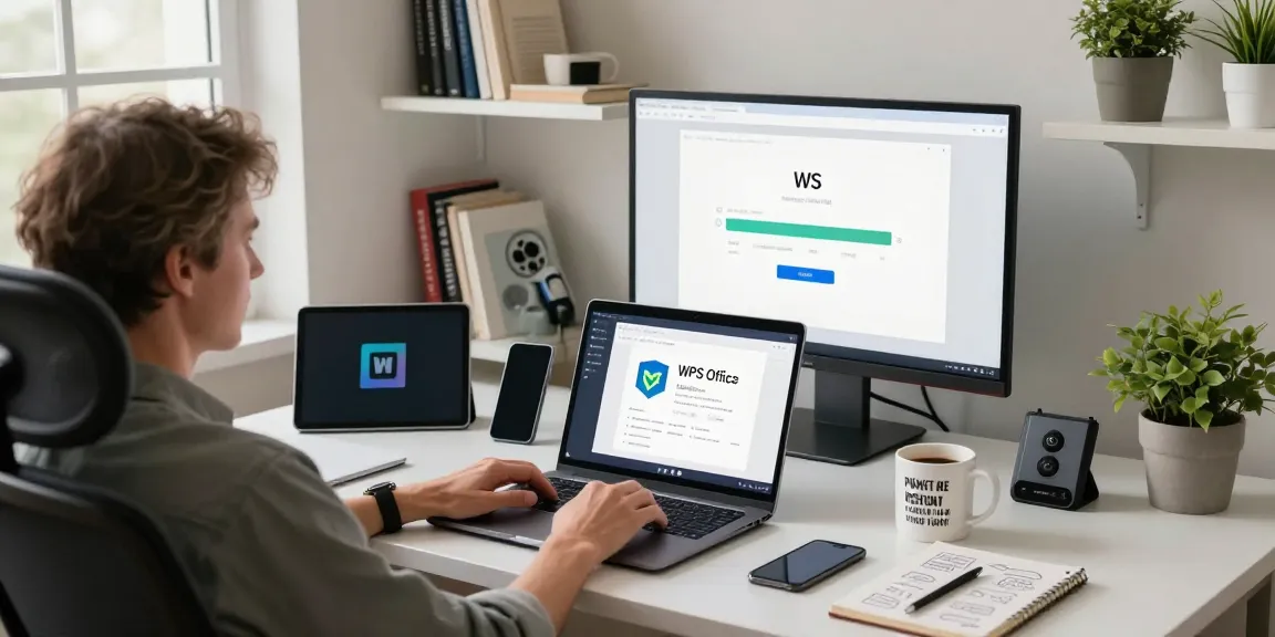 WPS Download process in a modern home office setup with laptop and gadgets.