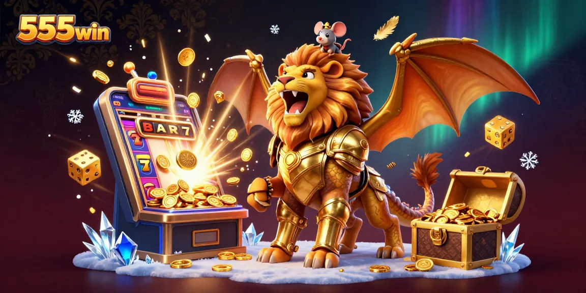 Experience the thrill of 555win with a roaring chimera, exciting slot machines, and vibrant casino elements.