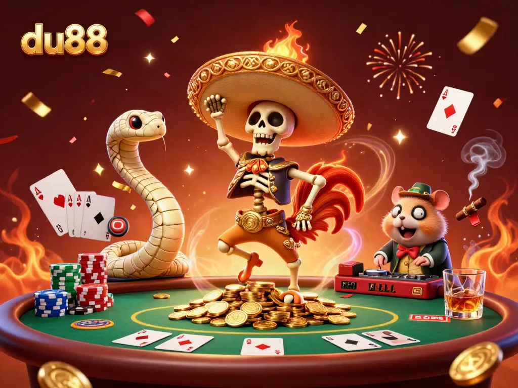 Engaging illustration of du88 with festive characters celebrating around a poker table filled with vibrant chips and cards.