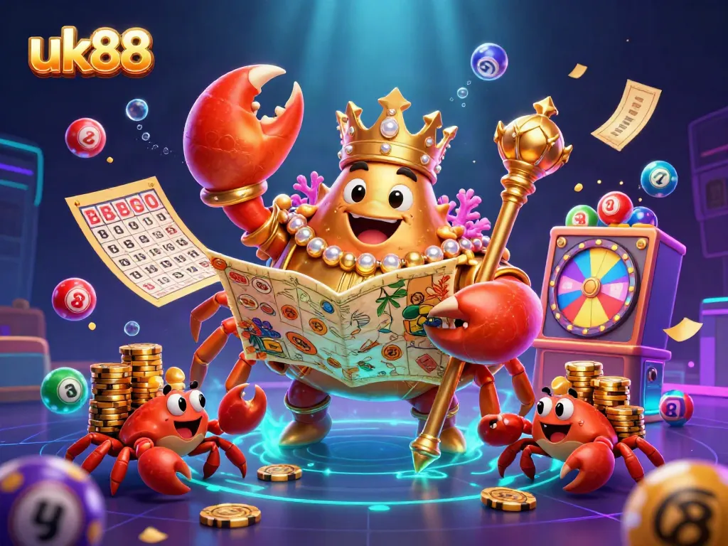 Experience exciting gameplay with uk88 featuring a dynamic scene of a golden crab emperor surrounded by lottery elements and treasure.