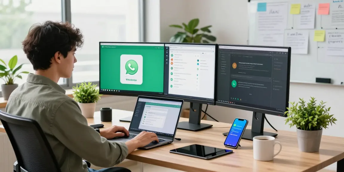 Using WhatsApp電腦版 on a multi-monitor setup in a bright office.