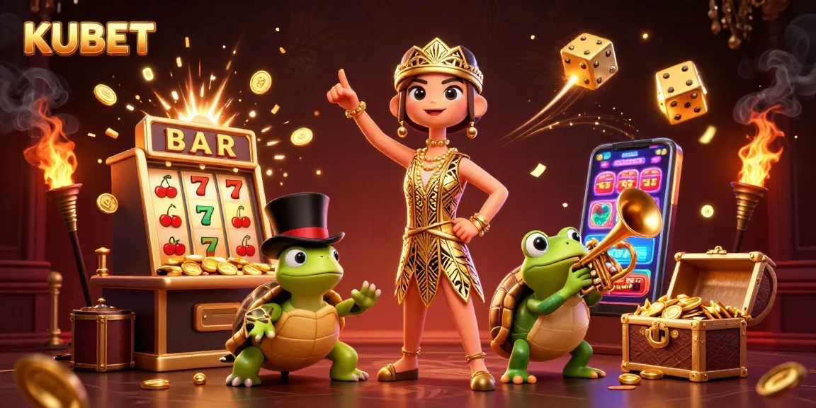 KUBET presents a vibrant casino scene with cartoon characters enjoying games while jackpot coins burst around them.