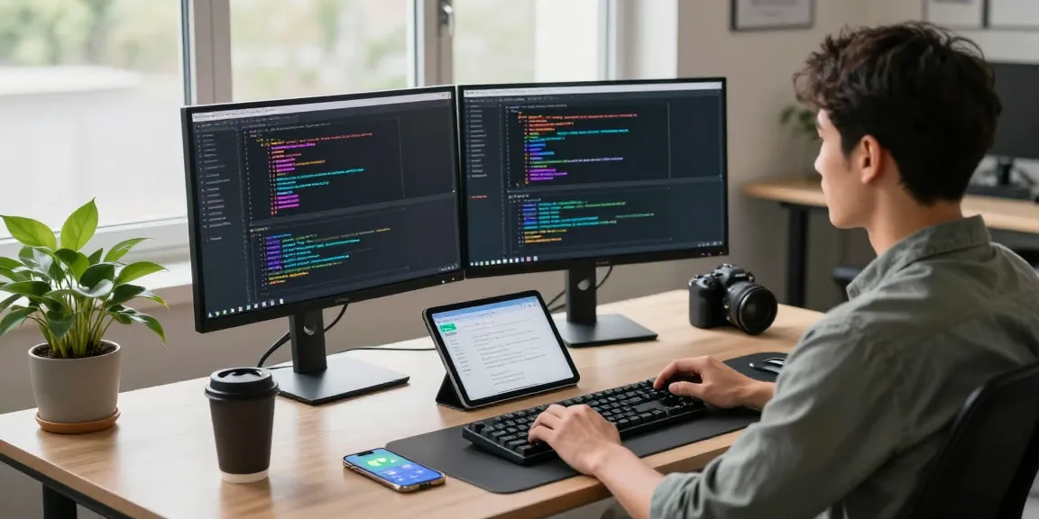 Download Telegram in a tech workspace with a developer coding on dual monitors showing instant messaging application.