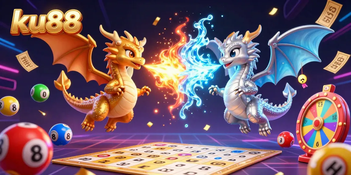 Experience thrilling action with ku88's vibrant 3D illustration of dragons and lottery elements in a dynamic casino scene.