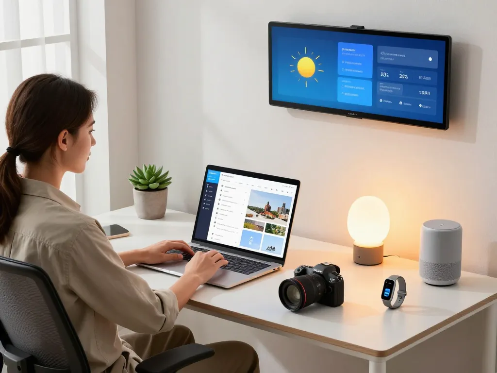 Smart tech gadgets showcased in a modern workspace with a stylish desk setup, Bluetooth devices, and a professional atmosphere.