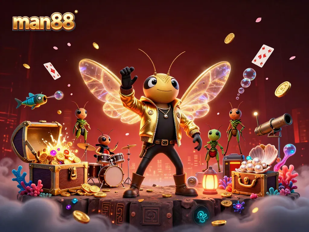 Join the excitement at man88 with a vibrant casino-themed scene featuring cartoon rock stars and dazzling treasure!
