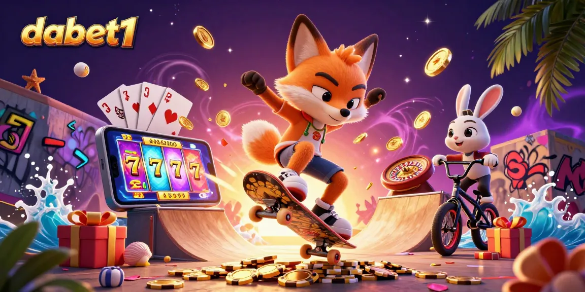 Experience thrilling gameplay with dabet1 as a skateboarder fox flips over poker chip ramps amidst casino excitement.