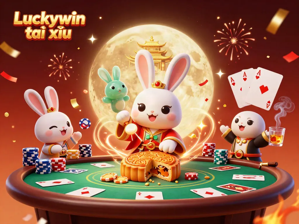 The Luckywin tài xỉu scene depicts a moon rabbit celebrating wins with poker chips and vibrant casino elements.