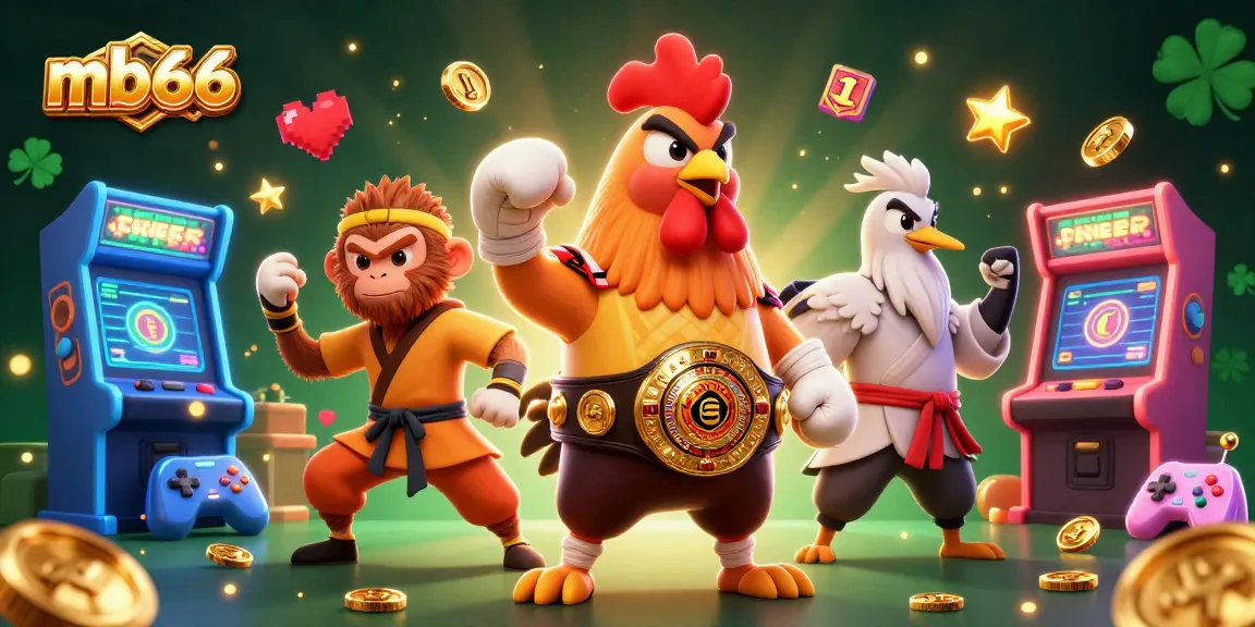 Trải nghiệm cá cược tại mb66 với hình ảnh đầy màu sắc của gà Muay Thai và khỉ võ sĩ trong casino.