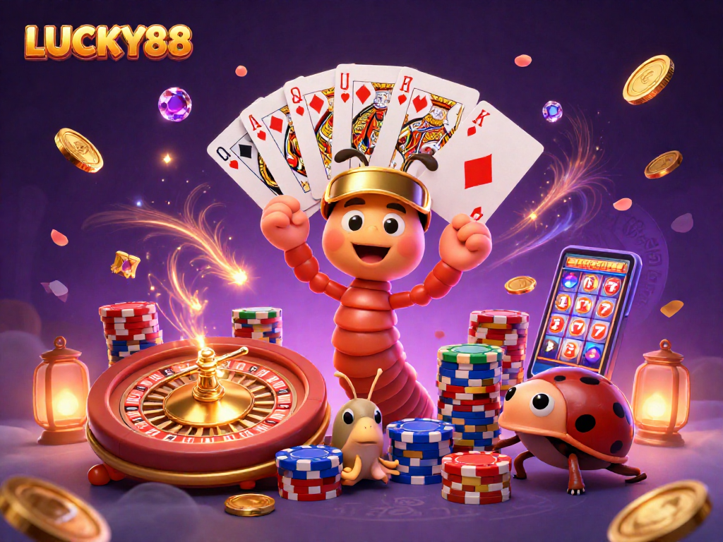 Experience thrilling gameplay with LUCKY88, featuring vibrant characters and exciting casino elements.