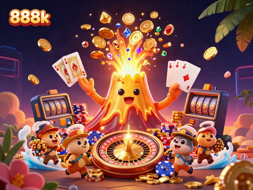 Experience 888k's vibrant gaming world with a golden volcano erupting treasure in a thrilling casino scene.