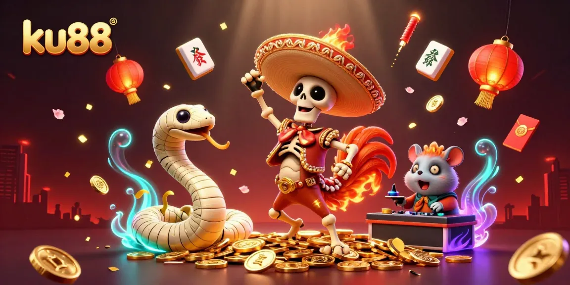 ku88 promotional illustration showcasing vibrant casino elements with lively characters celebrating winnings.
