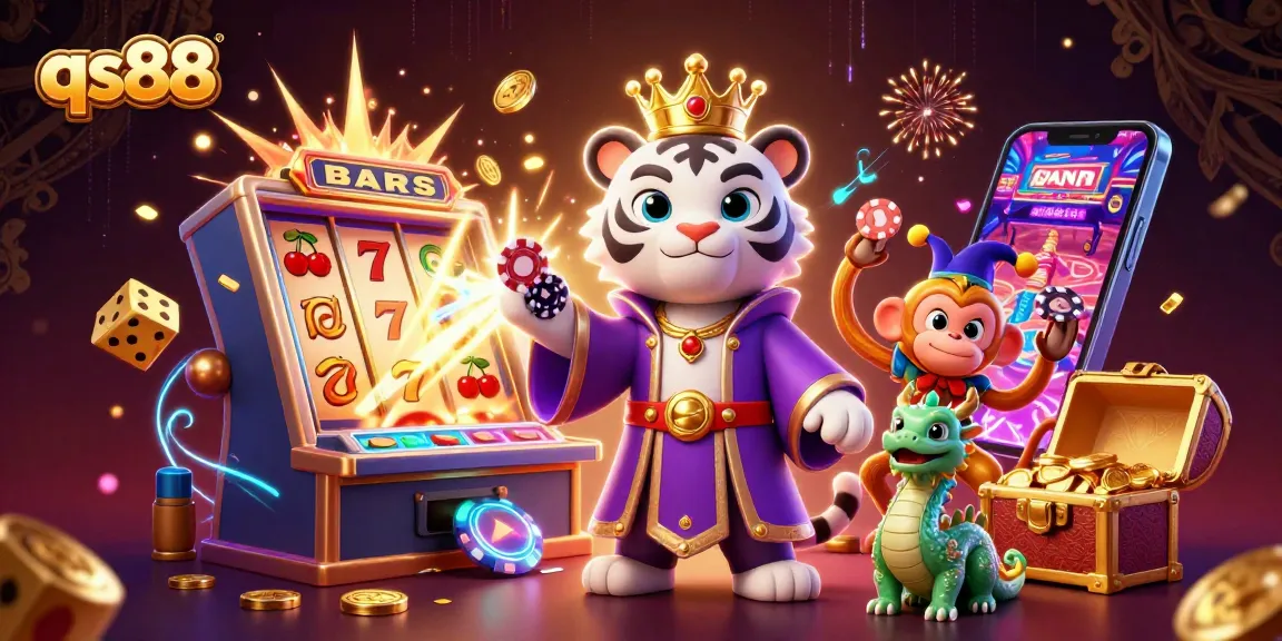 Engage with qs88's vibrant 3D casino world featuring animations of lucky symbols, characters, and dynamic gaming elements.