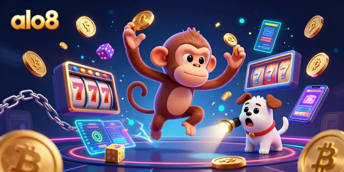 Experience the excitement of alo8 with a lively scene featuring a clever poltergeist monkey and a curious puppy in a vibrant casino.