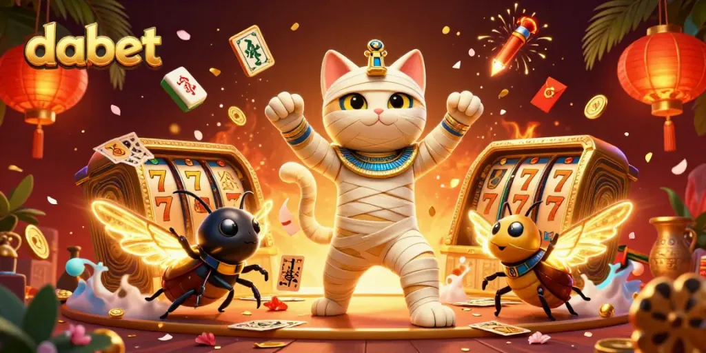 Join the excitement at dabet with a 3D mummy cat and scarab beetle in a vibrant casino scene.