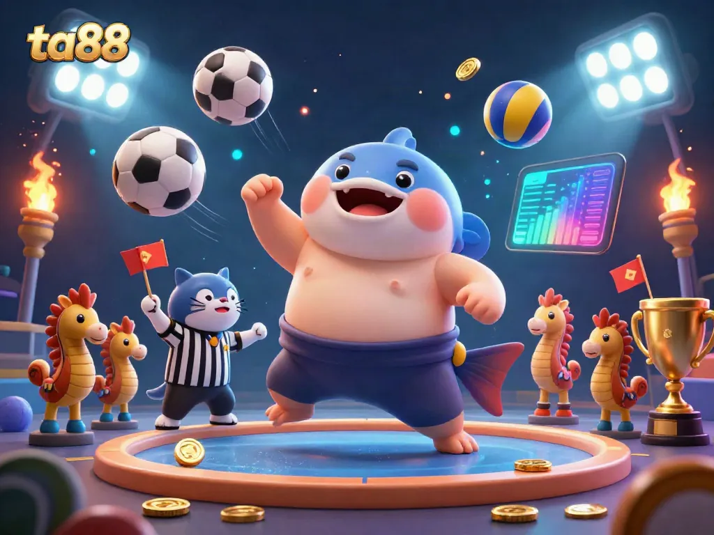 Experience thrilling action at ta88 with a cartoon fugu sumo wrestler in an underwater gambling ring, surrounded by festive spectators.