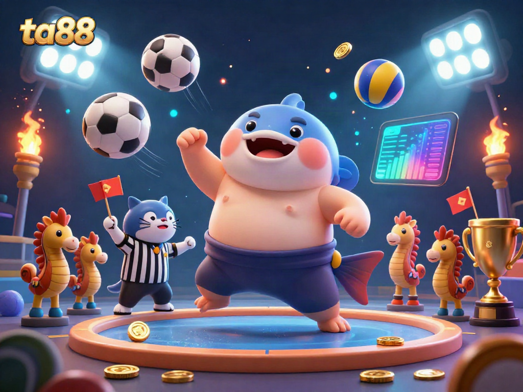 Experience thrilling action at ta88 with a cartoon fugu sumo wrestler in an underwater gambling ring, surrounded by festive spectators.