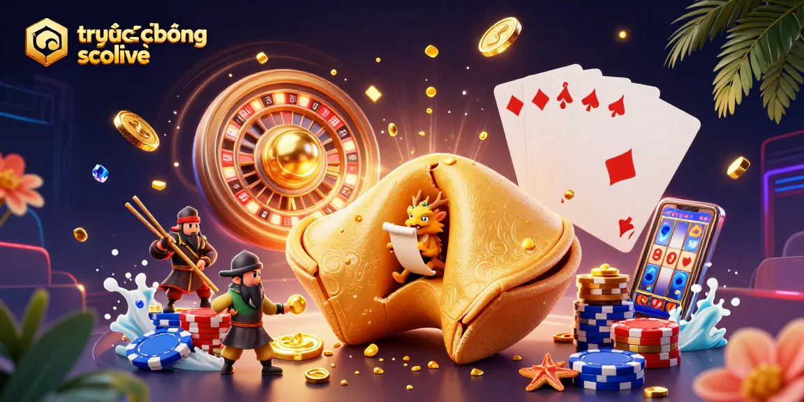 Experience trực tiếp bóng đá socolive with dynamic, vibrant casino elements surrounding a fortune cookie theme.