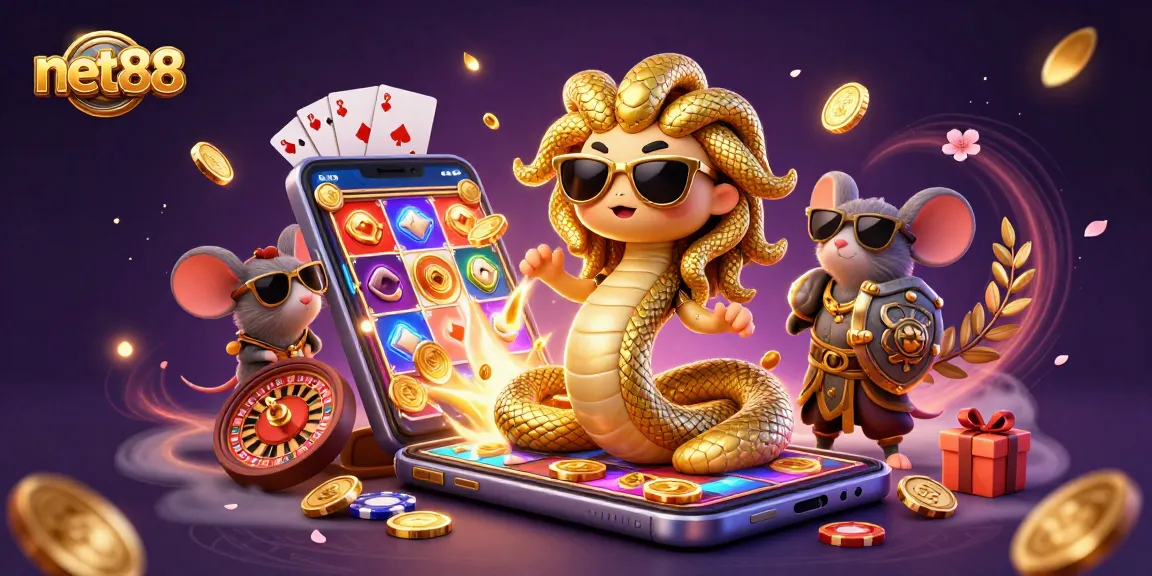 Experience the excitement of net88 with cute Medusa and a warrior mouse in a vibrant casino scene.