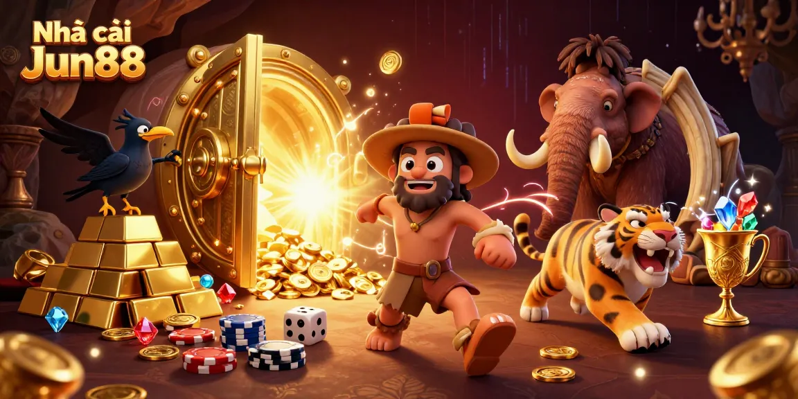 Experience thrill at Nhà cái Jun88 with a vibrant 3D illustration of a lively casino setting.