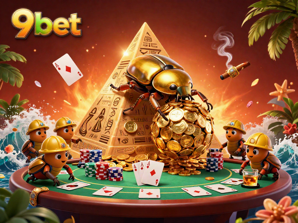 Engage in thrilling gameplay at 9bet with a vibrant casino scene featuring gold coins and poker elements.