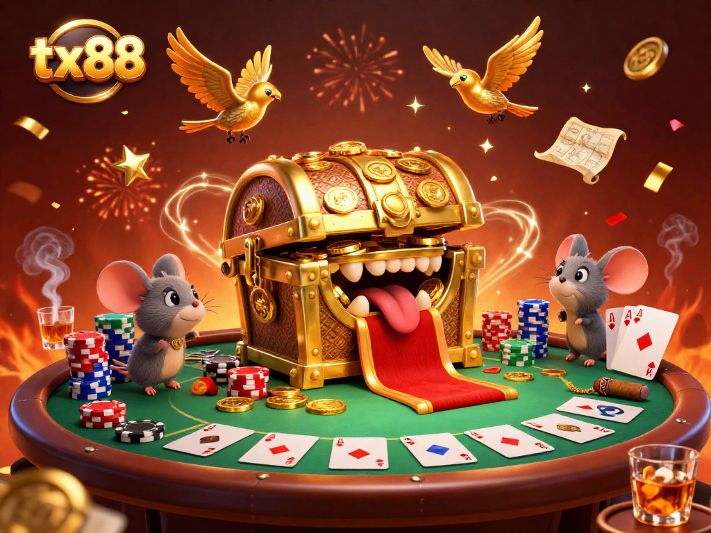 Engage with tx88's vibrant casino adventure as treasure chests entice players with riches.