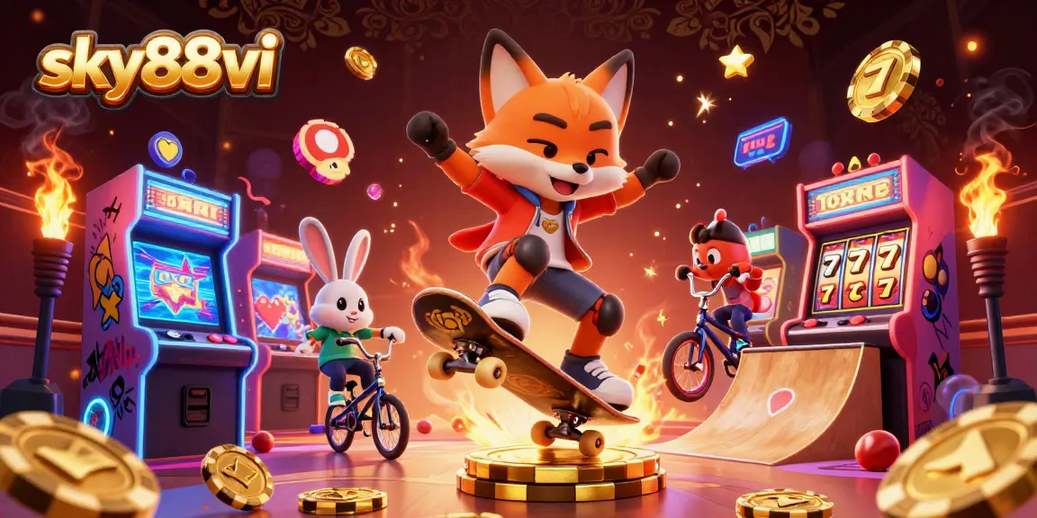 Experience the excitement of sky88vi with vibrant casino action featuring a skateboard fox and BMX rabbit.